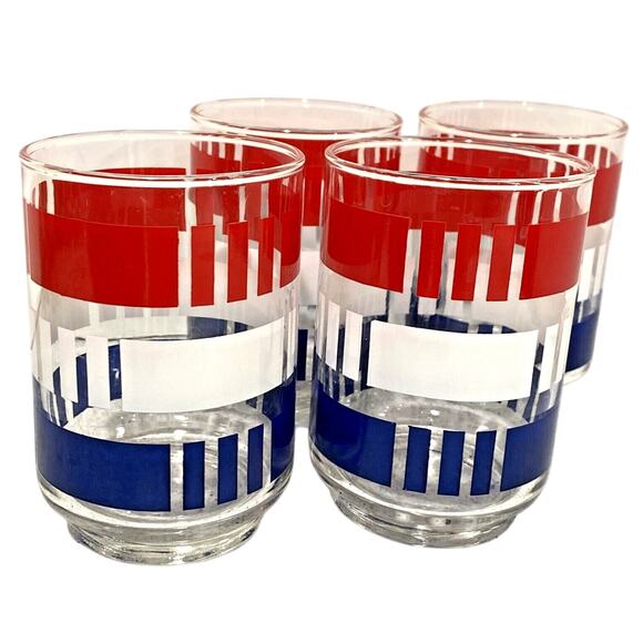 Vintage Libbey Glasses (4) Red White & Blue Americana Mod Stripes Patriotic Set - Picture 8 of 9